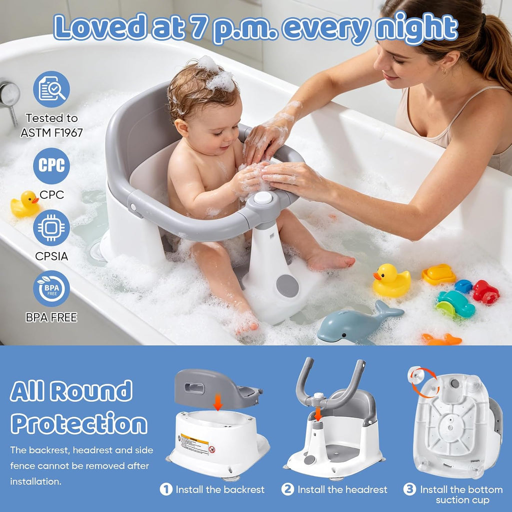 Bath Seat for 6-24 Months, Bath Seats for Babies Sitting Up with 4 Locking Suction Cups & Soft Cushion, Non Slip Anti