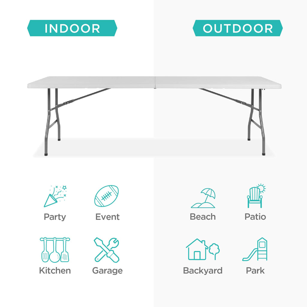 8ft Plastic Folding Table, Indoor Outdoor Heavy Duty Portable w/Handle, Lock for Picnic, Party, Pong, Camping - White