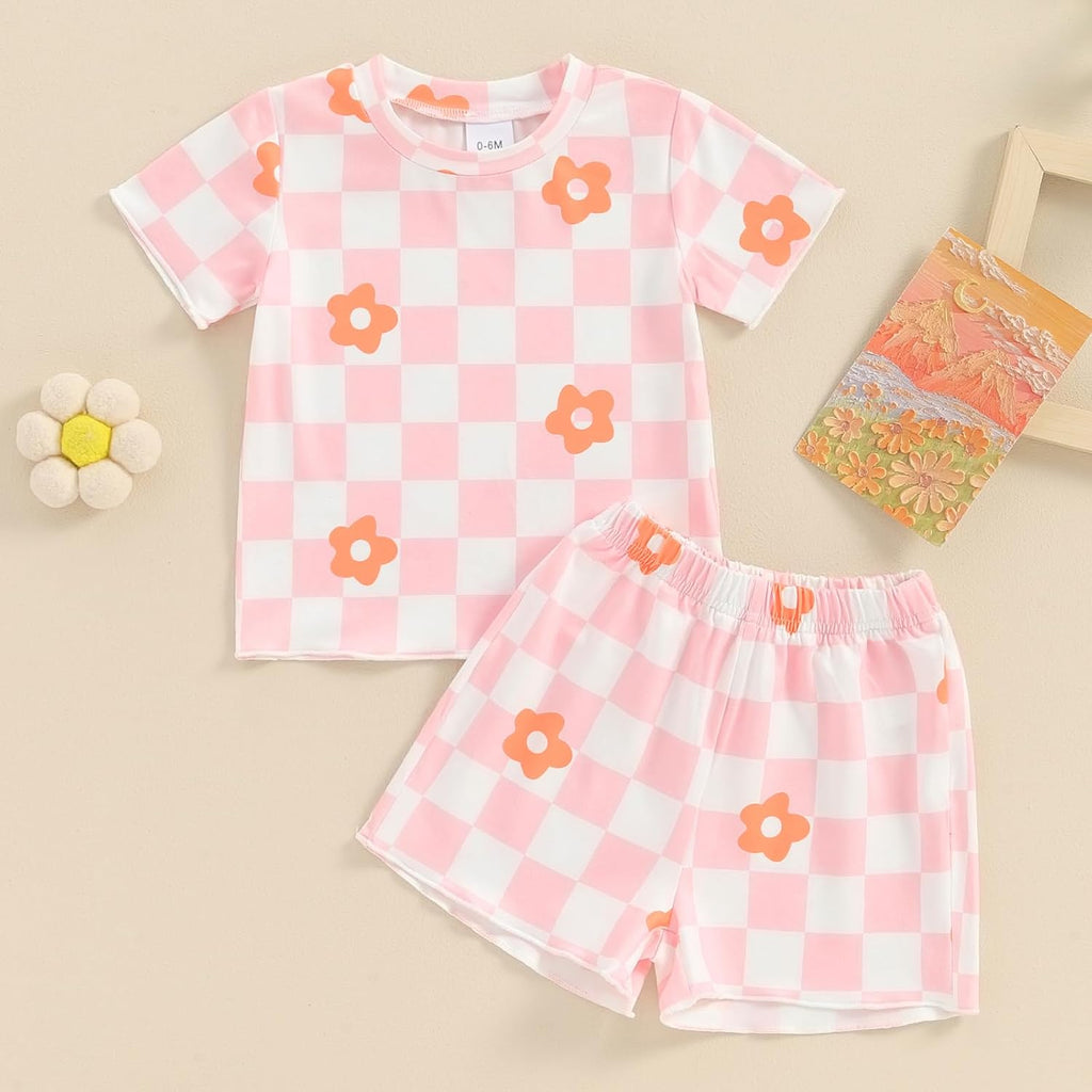 Toddler Girl Clothes Floral Plaid T-Shirt & Elastic Waistband Shorts Summer Outfits for Girls