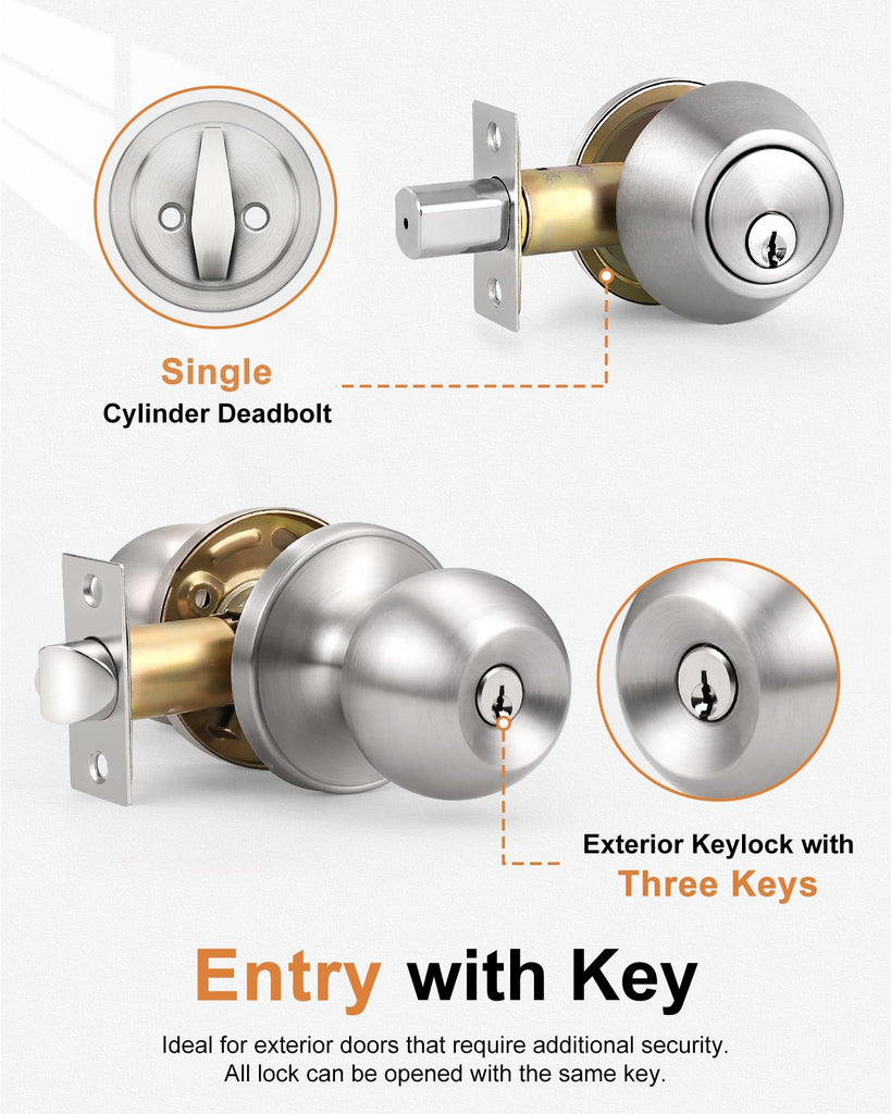 Keyed Alike Entry Knobs and Single Cylinder Deadbolt Lockset, Front Door Lock Set Exterior Door Knob with Deadbolt