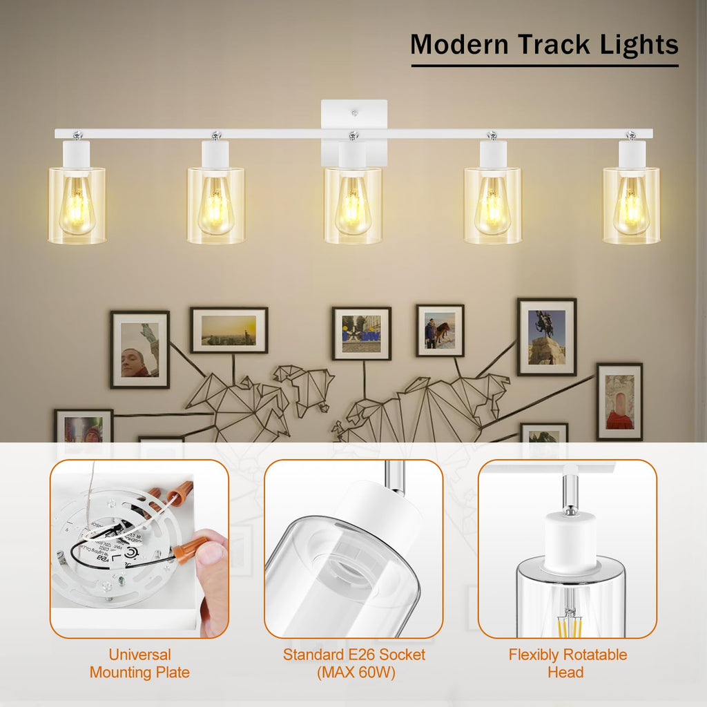 40" Track Lighting Fixtures Ceiling, 5-Light Track Light with Clear Glass Shade, White Ceiling Spotlight Kit