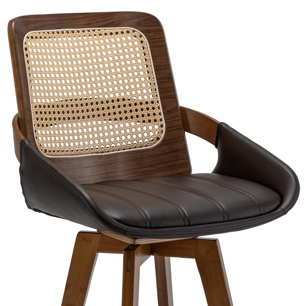 Mid Century Modern Bar Stools - 30 inch Swivel Rattan bar stools with Cane Back, Upholstered Faux Leather, Walnut