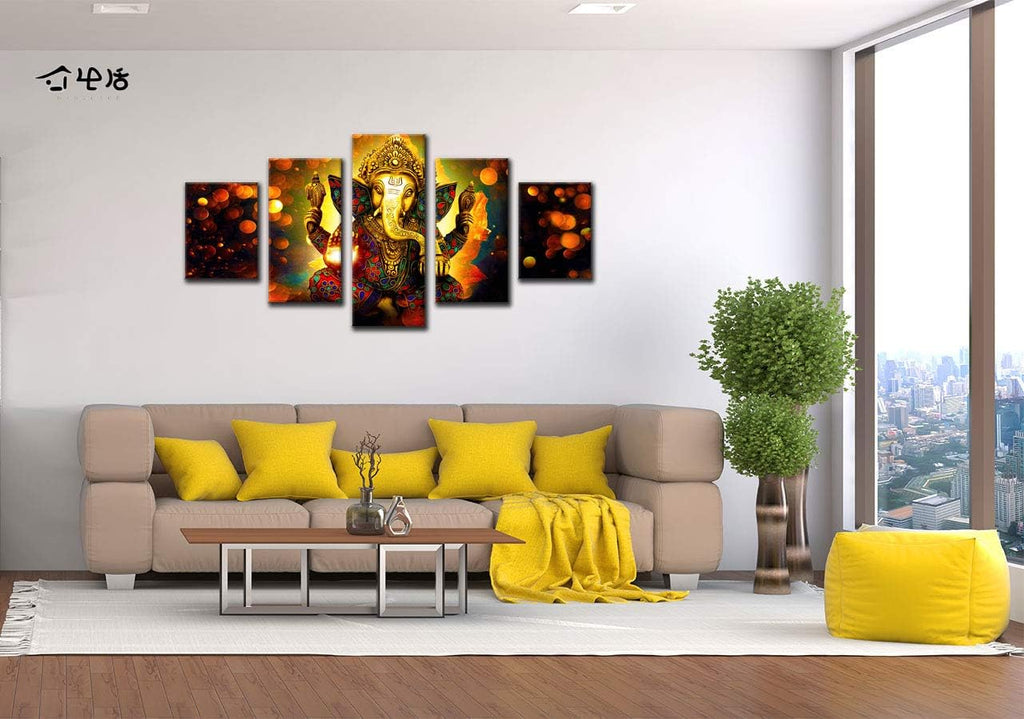Large 5 Panel Hindu God Ganesha Wall Art - Traditional Indian Canvas Prints Decor ( Inch, Framed)