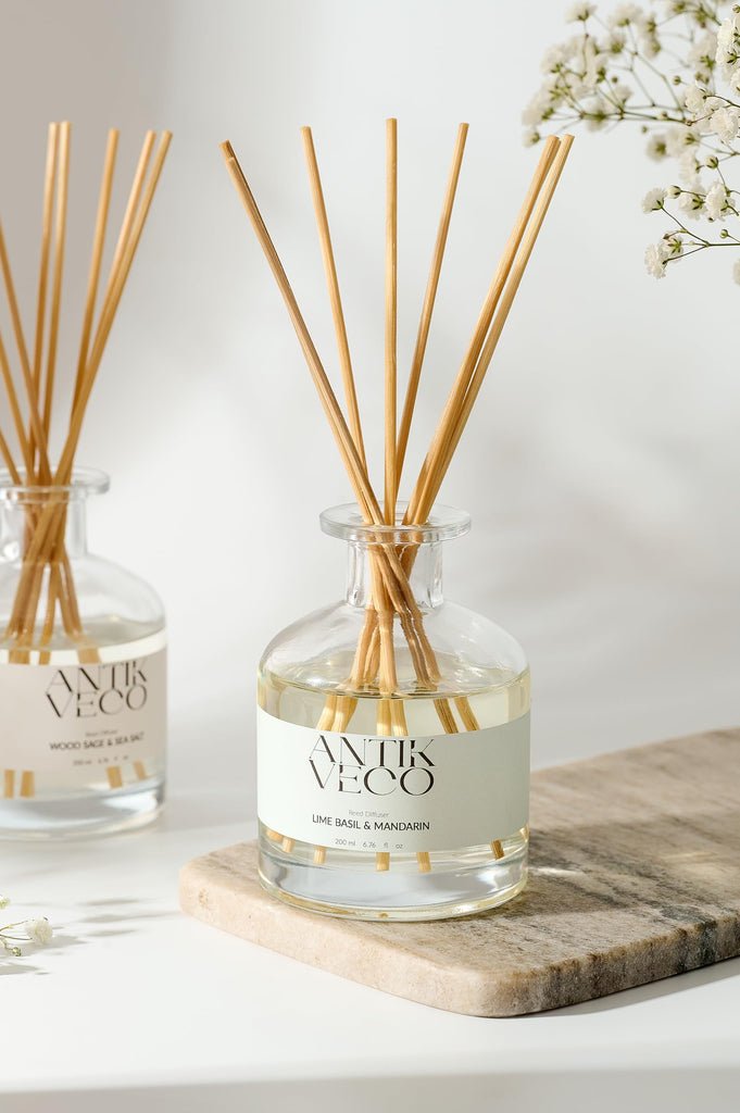 Lime Basil & Mandarin Reed Diffuser - Citrus & Herbal Diffuser 6.7 fl oz - 8 Rattan Sticks - Premium Aromatherapy Oil
