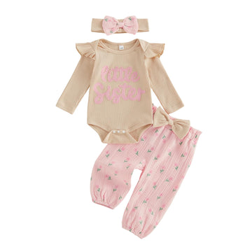 Infant Baby Girl Fall Clothes Ribbed Long Sleeve Letter Romper + Floral Pants + Headband Newborn 3 6 12 Outfit