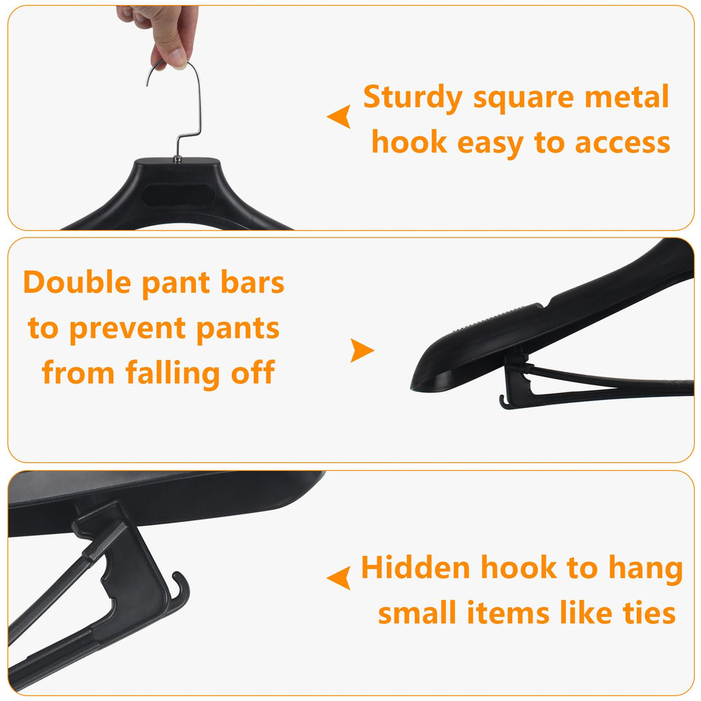 Plastic Extra Wide Suit Hangers, Pack of 15, Width: 17.7", Notched Shoulders & Metal Hooks, Black