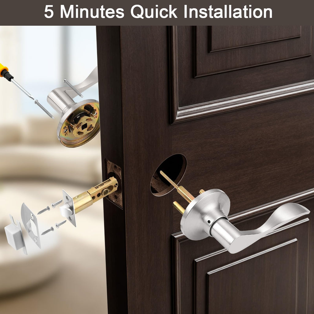 1 Pack Satin Nickel Modern Interior Passage Door Knobs, Keyless Door Handle & Closet, Wave Style Non-Locking Door