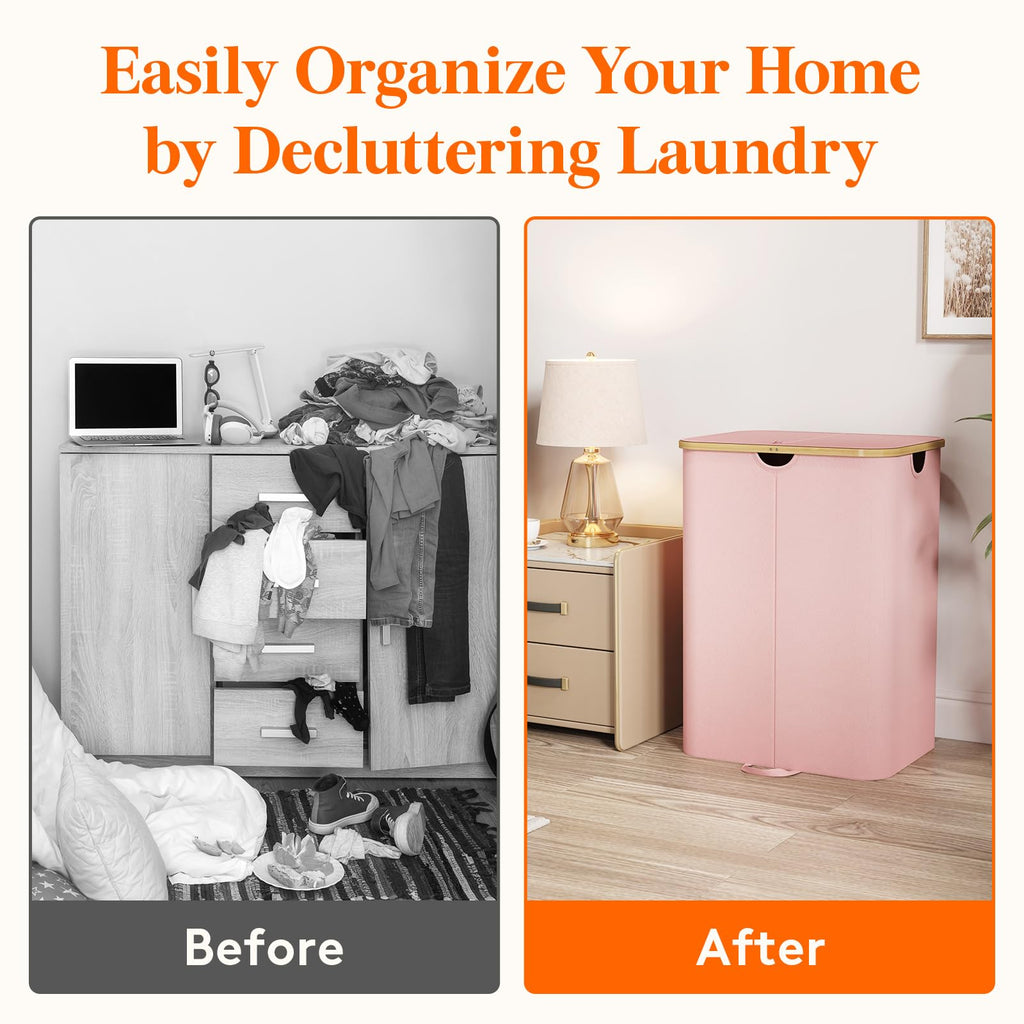 150L Double Laundry Hamper with Lid and Removable Bag, Pink