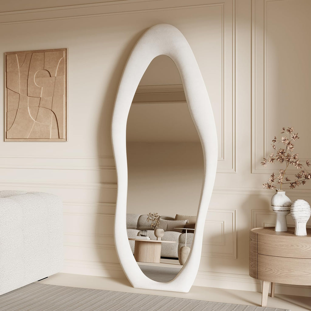 Full Length Mirror, 63" x 24" Wall Mirror, Irregular Wavy Full Body Mirror with Flannel Wrapped Wooden Frame, Hanging