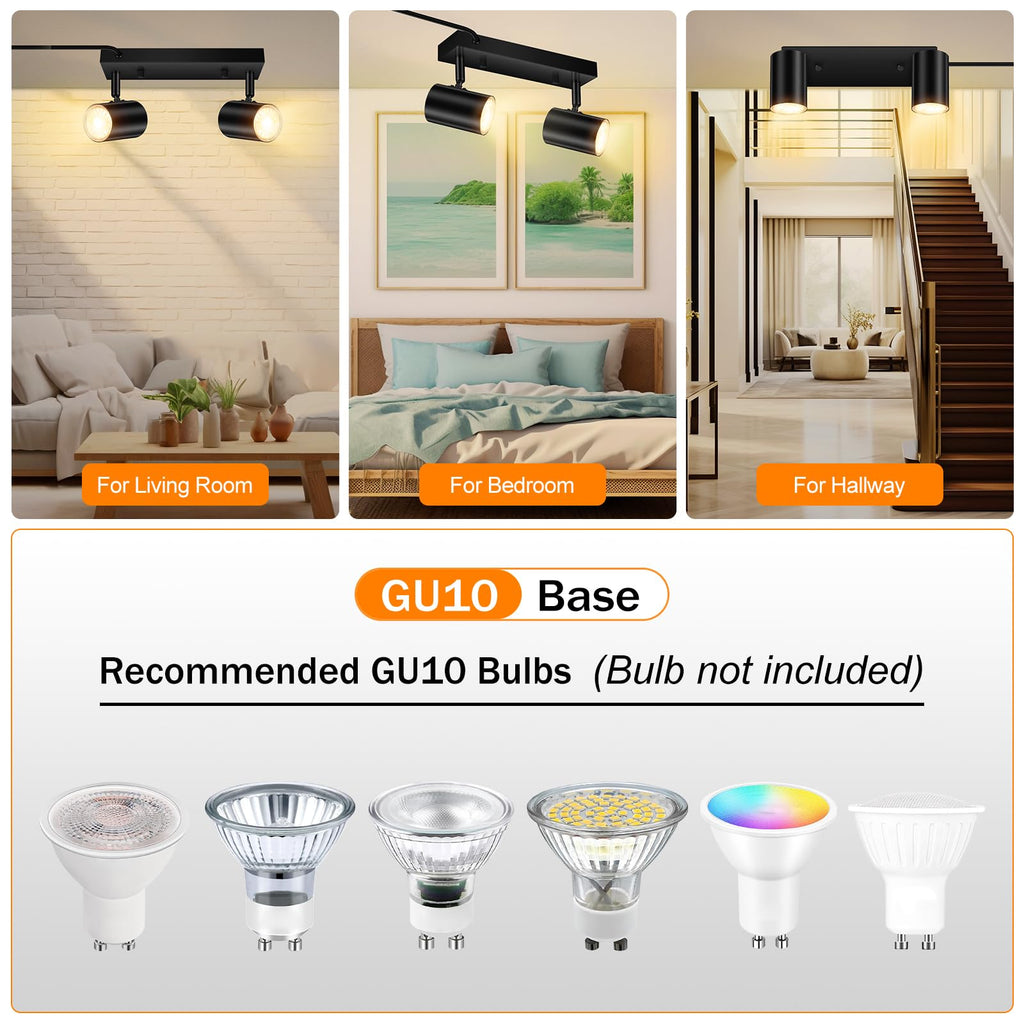 2 Light Track Lighting Kit,Black 2 Way Modern Plug in Ceiling Spotlight,Industrial LED Wall Light Cabinet Gallery Bar
