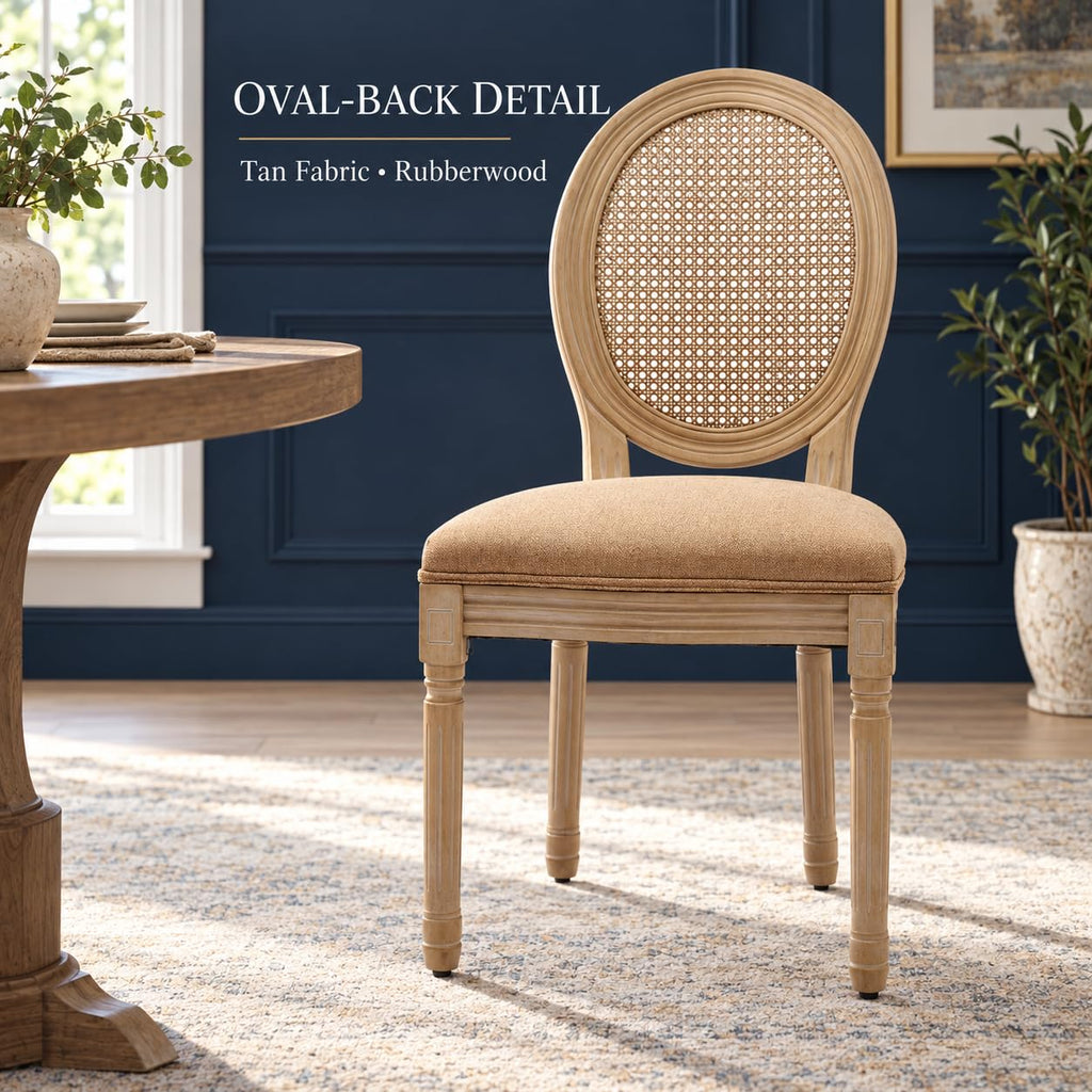 Vintage French Country Dining Chairs Set of 6, Rattan Dining Chairs with Solid Wood Legs, Amber Upholstered Chair