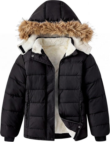 Boys Winter Coat Fur Hooded Puffer Jacket Fleece Line