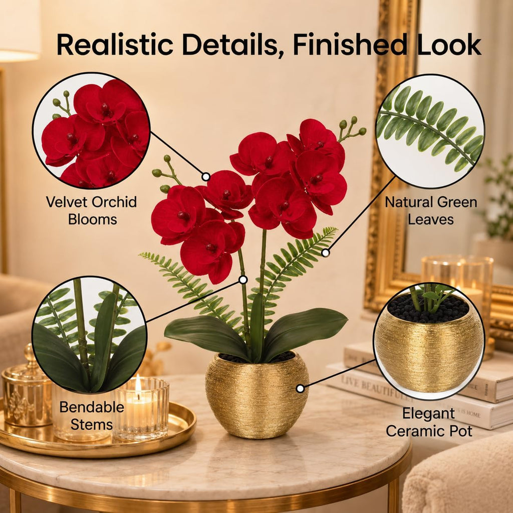 13" Small Artificial Orchid Flowers in Gold Ceramic Pot, Red Faux Phalaenopsis Silk Orchid Arrangement Vanity Bedroom