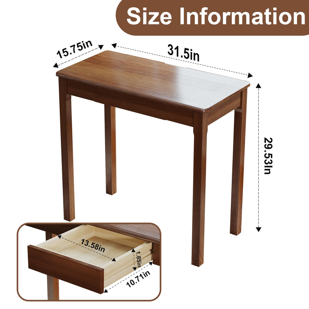 Solid Wooden Desk with Drawers - 32 x 16 Inch Narrow Desks, Rubberwood Mid Century Modern Desks, Small Writing Desk