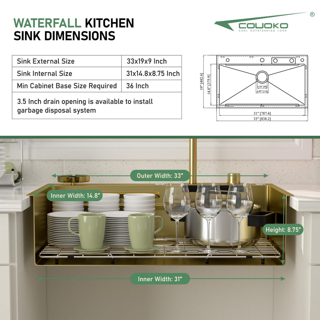 33 Gold Drop In Workstation Waterfall Kitchen Sink with Accessories