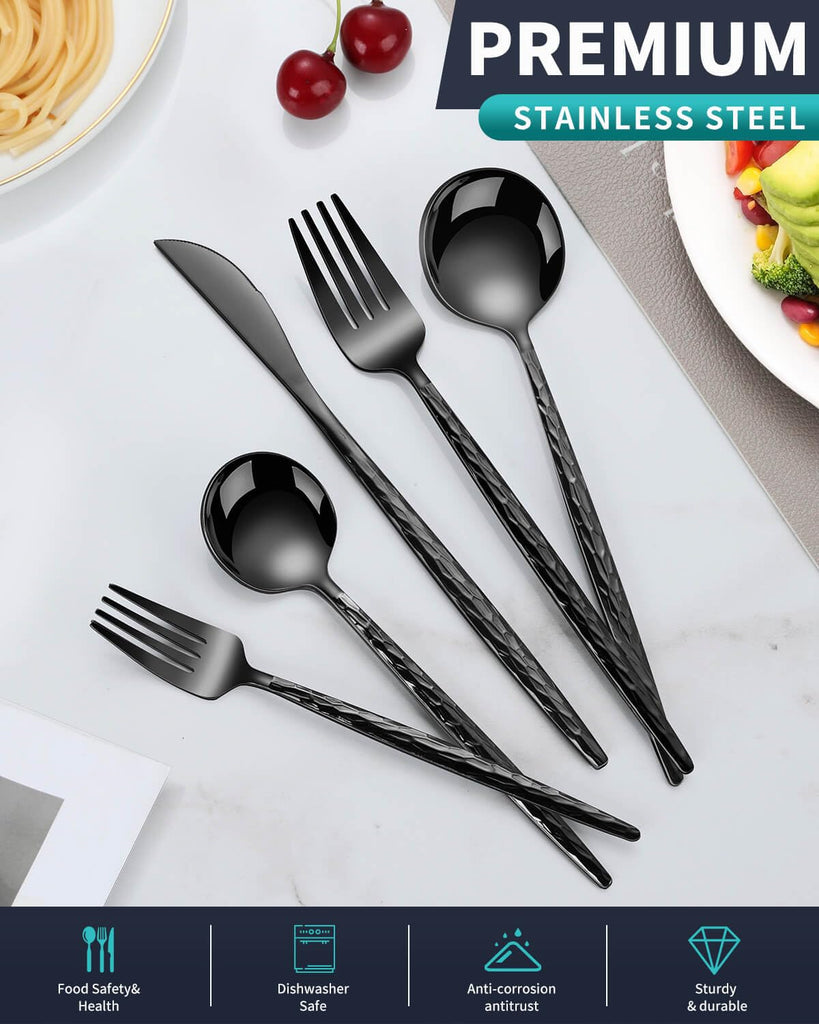 Hammered Black Silverware Set,30 Piece Stainless Steel Flatware Set for 6,Modern Cutlery Set,Includes Spoon Fork