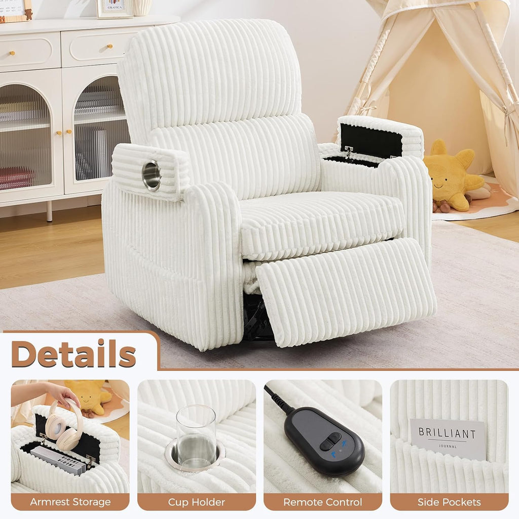 Power Nursery Recliner,26''Swivel Rocker Recliner,Adjustable Headrest,White | Extra Wide Recliner , Oversized