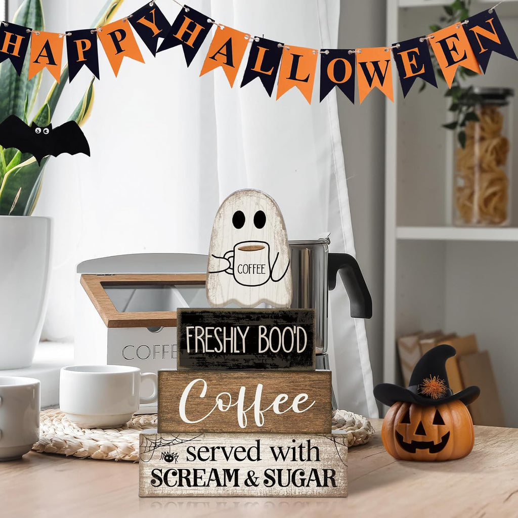 Halloween Coffee Table Decor Wooden Ghost Coffee Bar Sign - Set of 4