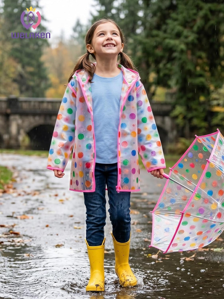 Girls Hooded Printed Rain Jacket Lightweight Water Resistant Raincoat with Zipper
