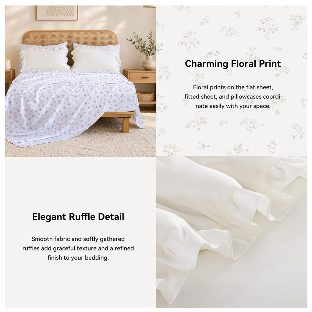 Ruffle Comforter Set with Floral Sheets 7 Pieces Cream White