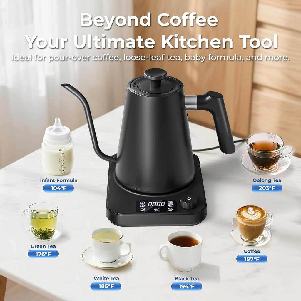 Gooseneck Electric Kettle, ±1°F Temperature Control Electric Kettle, 1.0L 1200W Fast Heating, 24H Keep Warm, 30Min