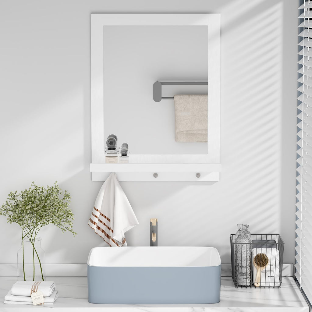 24" x 18.5'' Wood Wall Mirror with Shelf, Rectangular Hallway Mirror with Hooks, Hanging Wall Mirrors, White