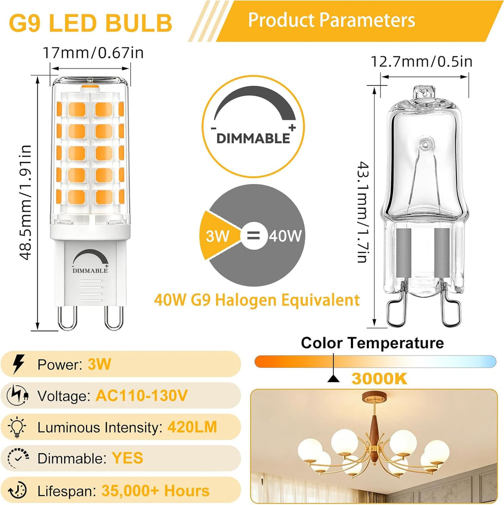 G9 LED Bulbs Dimmable 3W 3000K Soft Warm White 40 Watt T4 G9 Halogen Bright