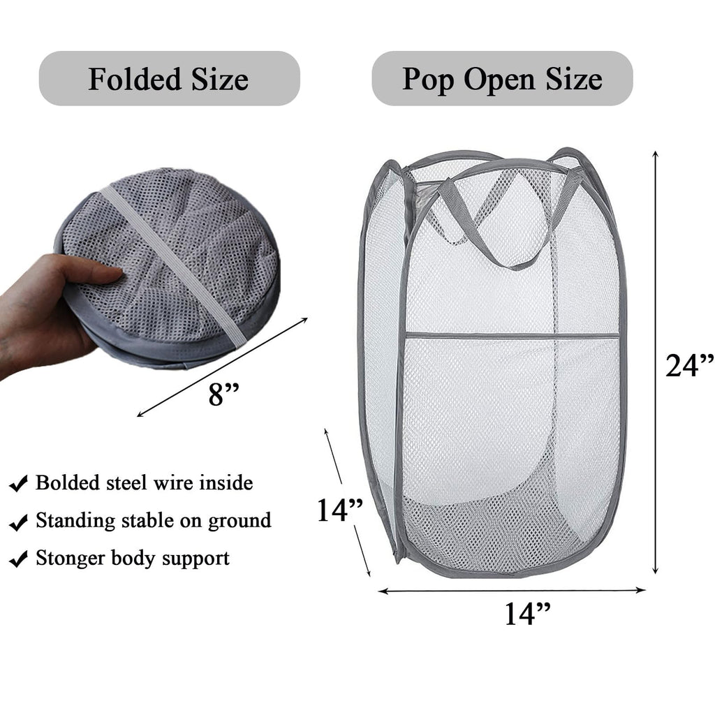 2 Pcs Popup Laundry Baskets, Collapsible Gray Mesh Clothes Hampers