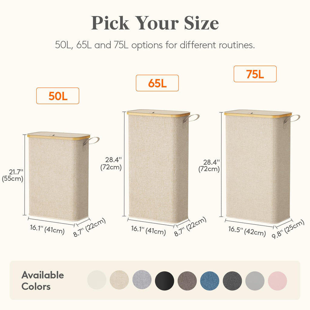 75L Slim Laundry Hamper with Lid and Removable Bag, Beige