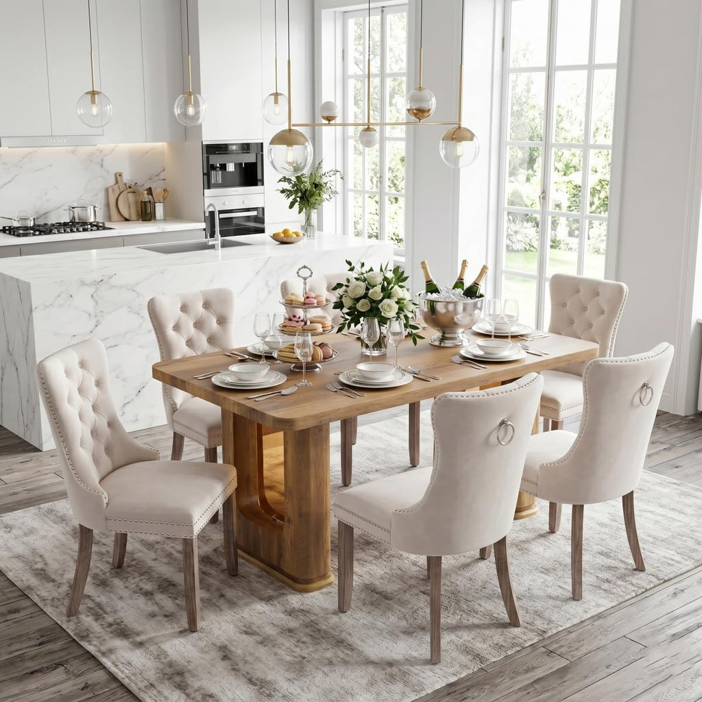 64.5" Dining Room Table Set for 6, Farmhouse Wood Kitchen Table with Decorative Pedestal Legs & 6 Tufted Velvet