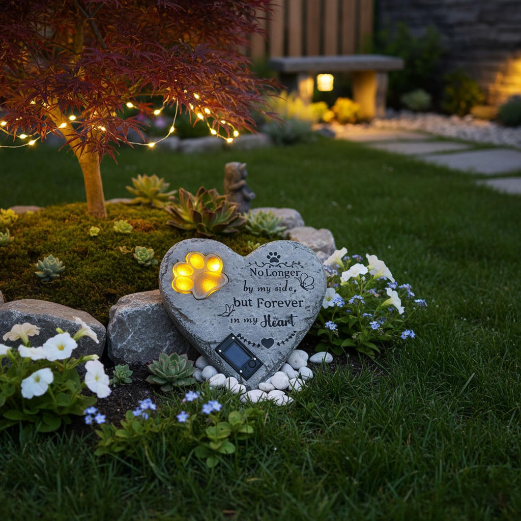 Pet Memorial Stone Solar Lighted Glowing Paw Print Heart Statue 10"