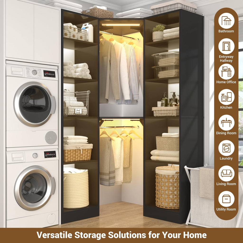 Corner Closet System with 2 Motion Sensor Lights, 39.2" Corner Closet Organizer with 12 Shelves, Closet Corner with 2