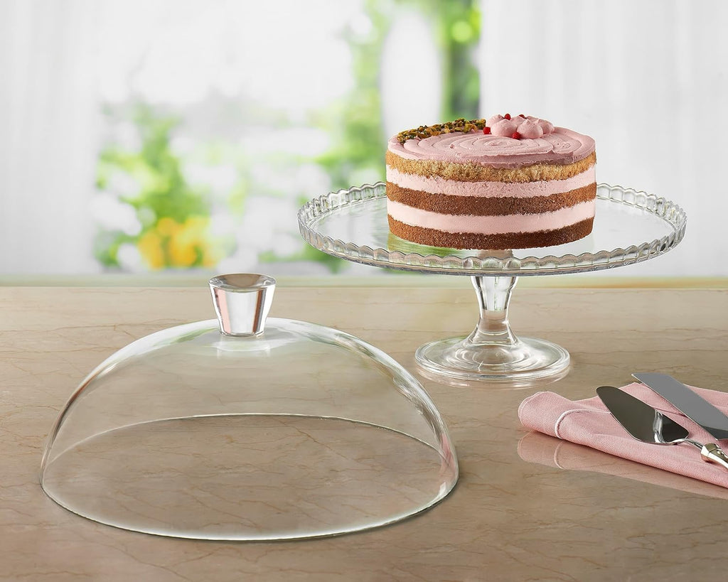 Cake Stand with Dome Lid, Glass Desert Serving Plate and Cover, Footed Pastry Display Server, 12.60 inch Wide Glass
