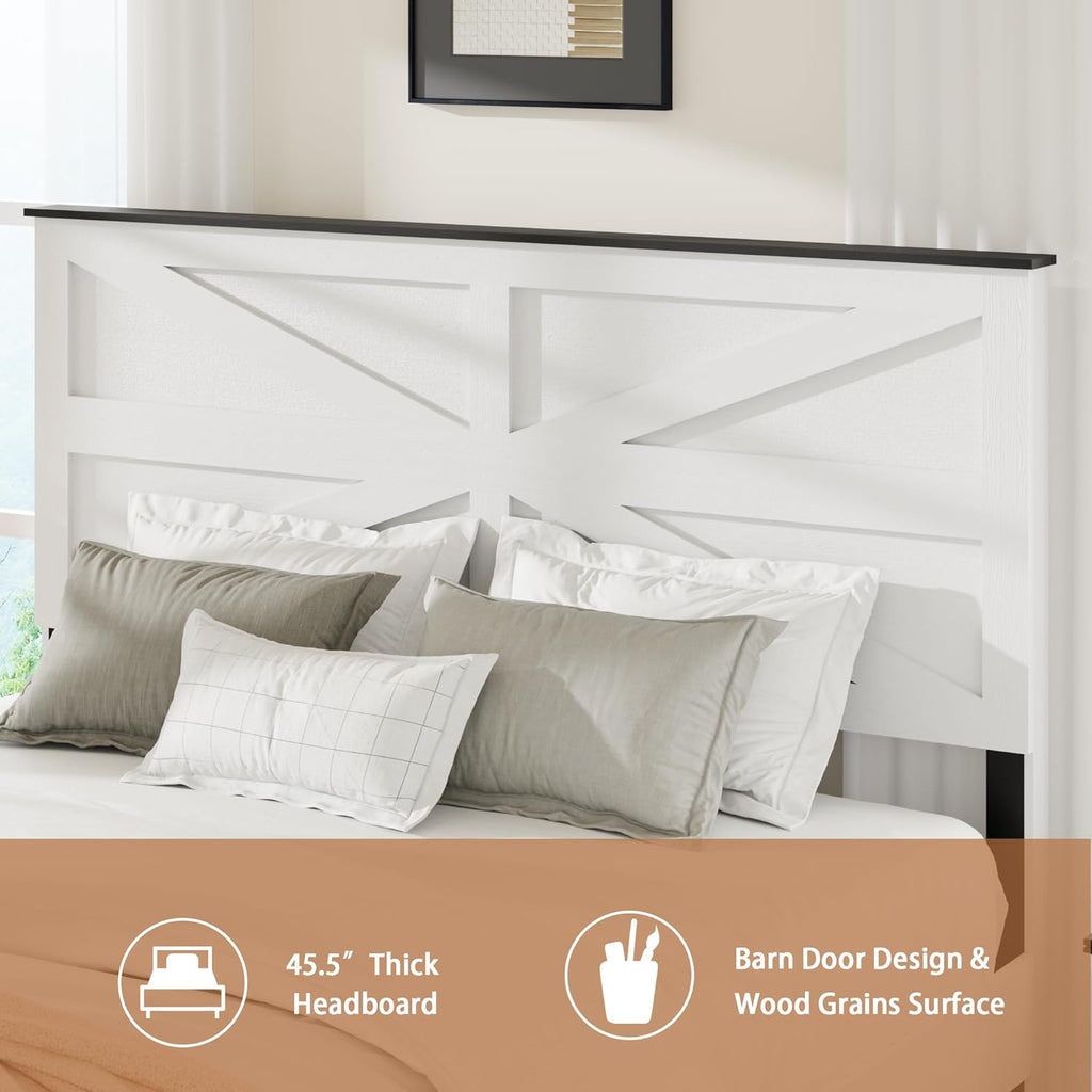 Farmhouse King Wooden Bed Frame with Headboard, Boho Platform Bedframe, Sturdy Metal Slats Support, No Box Spring