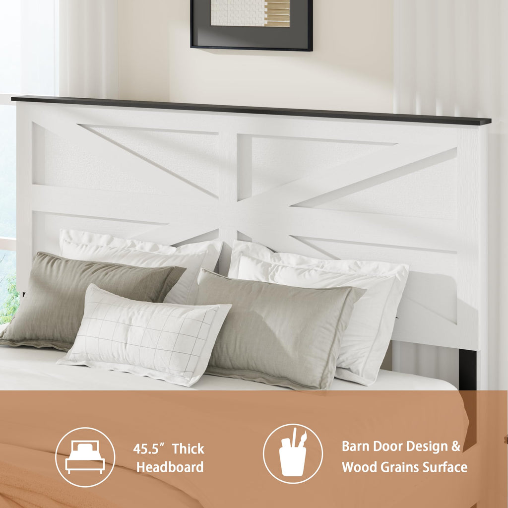 Farmhouse King Size Bed Frame with Barn Door Headboard, Boho White Wooden Platform Bed with Strong Metal Slat