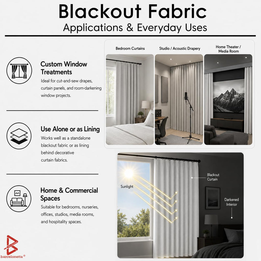 Black Out Fabric | 3 Pass Rated, Blocks 99% Light Ray | 58" Wide | Echo Deadening | Thermal Insulating Curtain