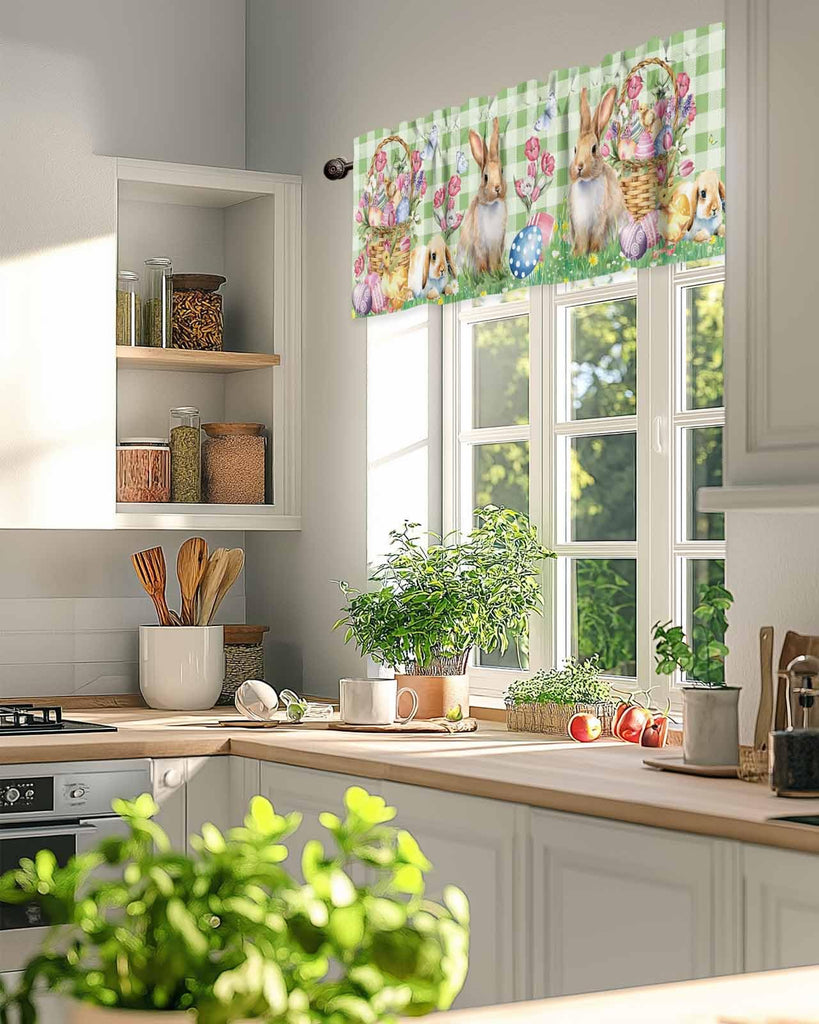Easter Basket Curtain Valance for Windows/Living Room/Kitchen/Bathroom/Farmhouse, Easter Bunny Eggs Spring Floral