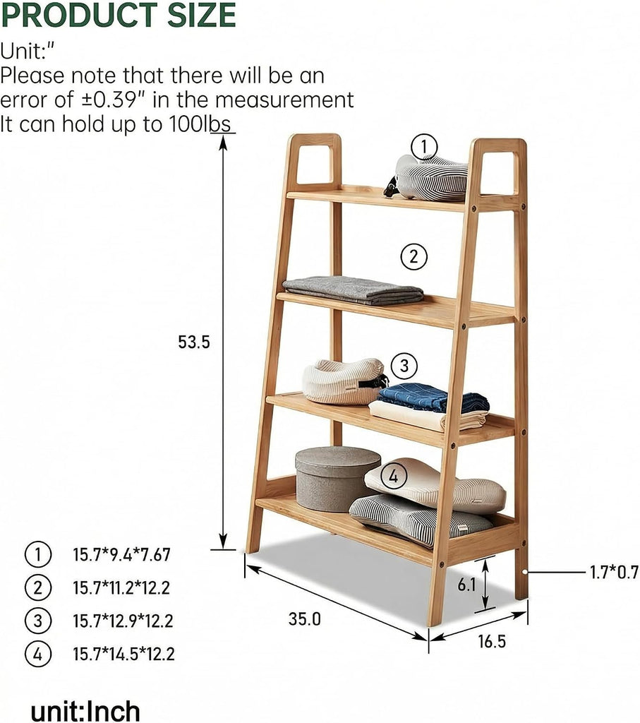 100% Solid Oak 4 Tier Ladder Shelf, Small Bookshelf, Ladder Bookshelf, Bookcase with Stable Frame, Small Table