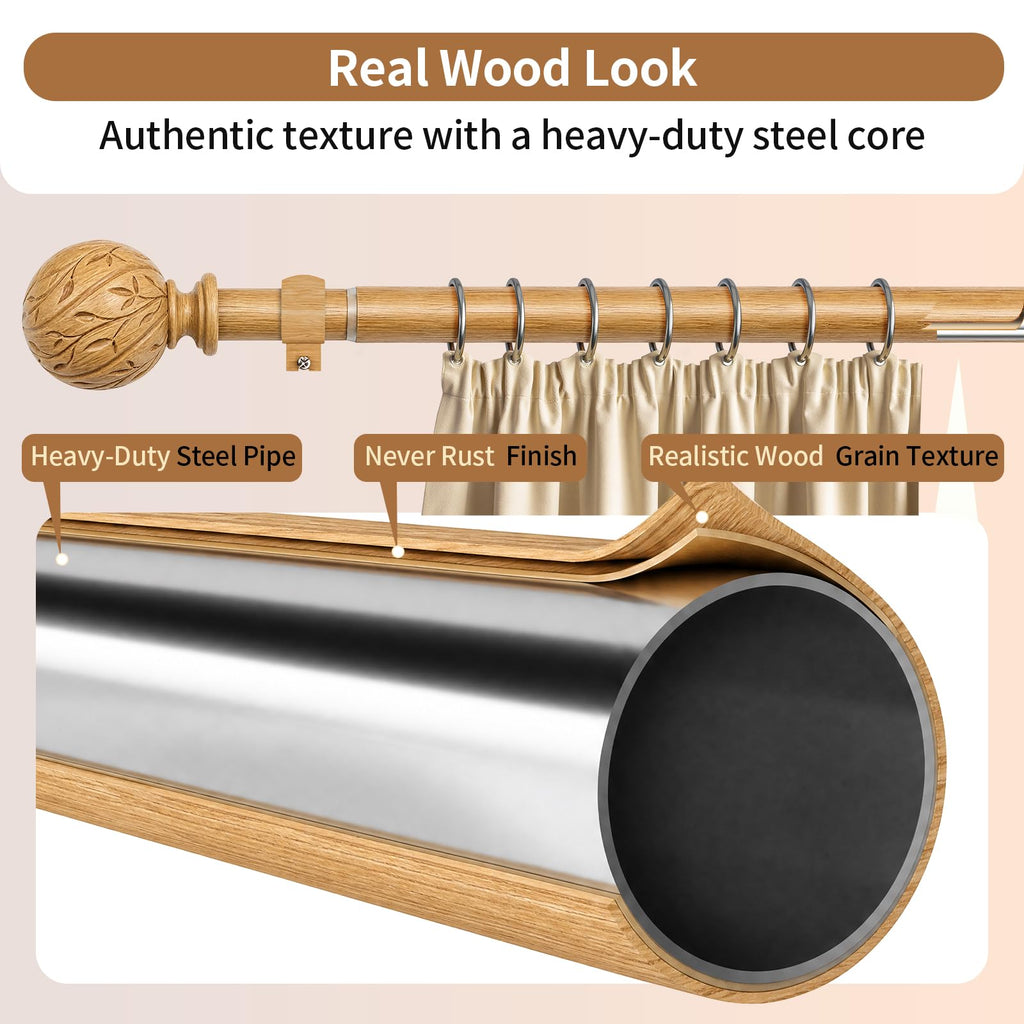 Wood Curtain Rods for Windows 36-120", Adjustable Long Boho Drapery Rods