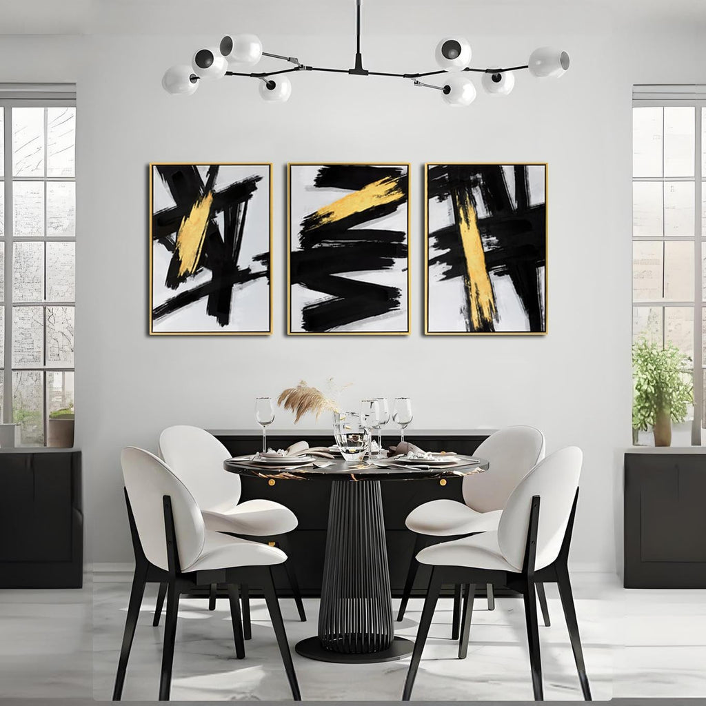 Gold Framed Black and Gold Abstract Canvas Wall Art Prints 3D Textured Black Brushstrokes Painting with Gold Foil