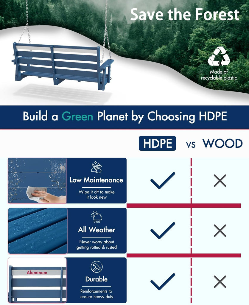 Porch Swing Bench | HDPE | 51.5" | Hanging Outdoor Swings | 2 Person | All Weather | Outside Backyard | Included 4