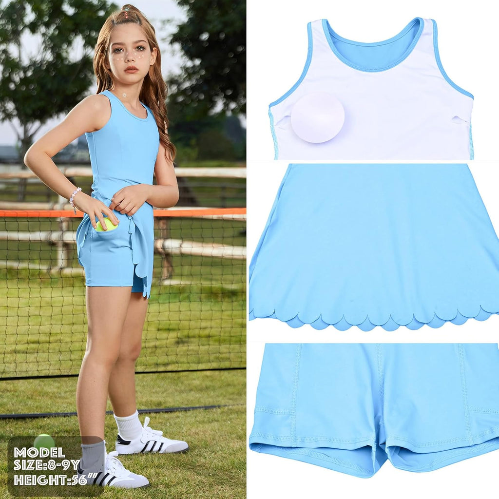 Girls Tennis Dress Sleeveless Pickleball Athletic Dress Golf Outfit with Detachable Built-in Bra & Shorts Pockets