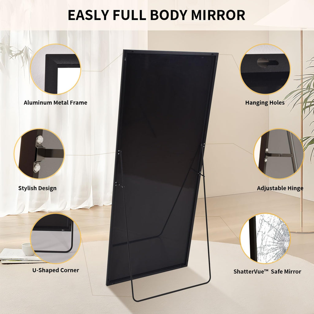 34"x76" Full Length Mirror with Stand, Large Rectangular Floor Mirror or Closet, Wall-Mounted or Freestanding, Black