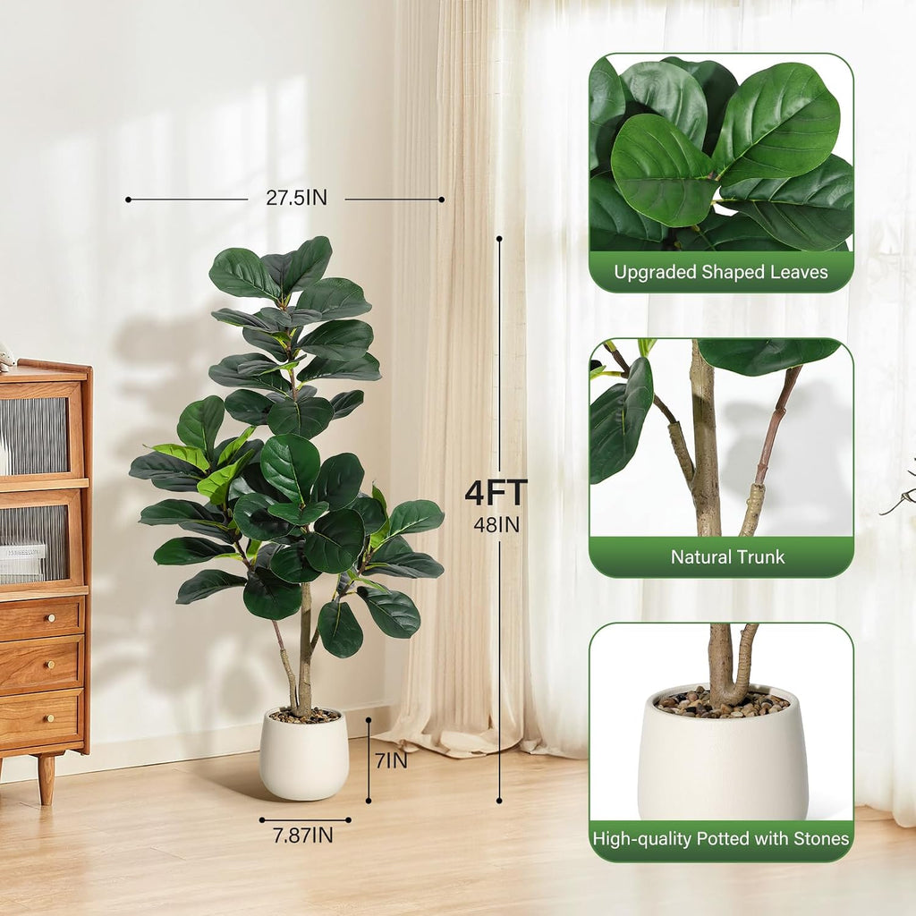 4 ft Fiddle Leaf Fig Tree Artificial with 48 Leaves - Realistic Faux Ficus Lyrata Trees in 7.8 in White Planter Pot