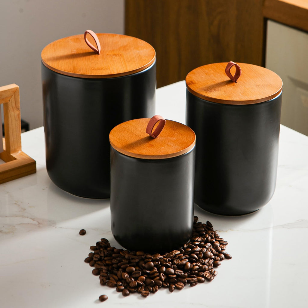Black Ceramic Canister & Jar Set, Airtight Bamboo Lids 3-Piece