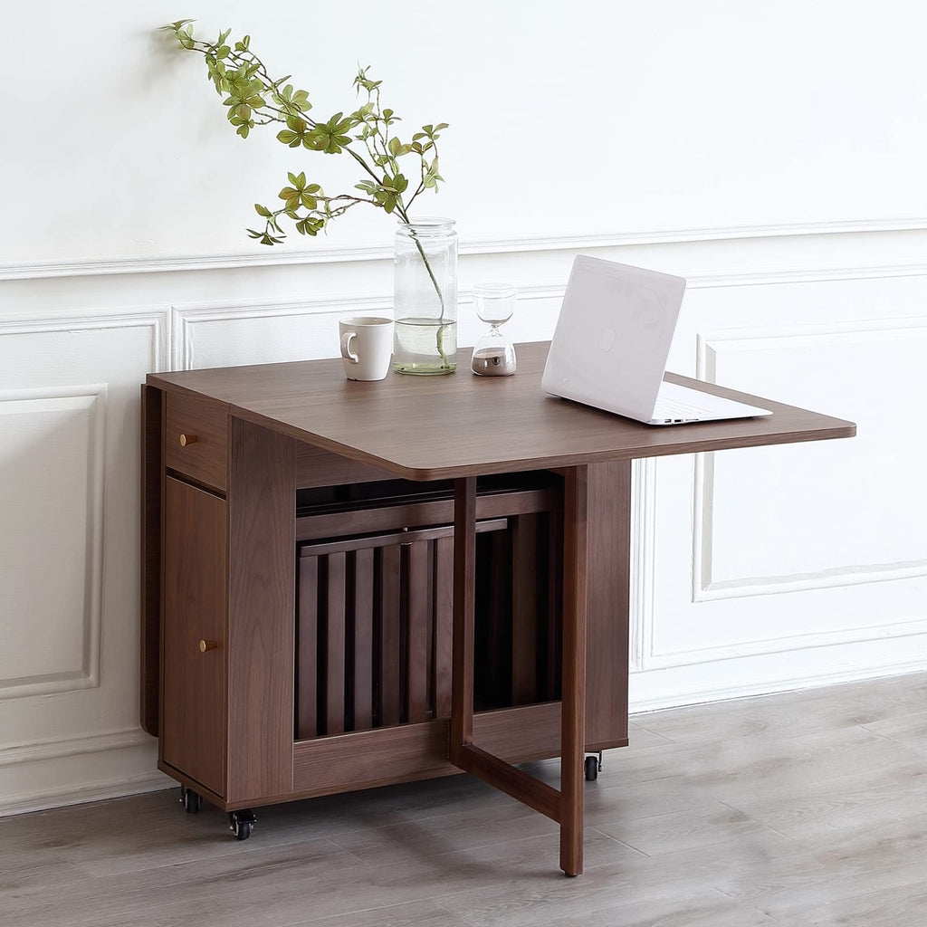 Drop Leaf Folding Dining Table with Storage, Wheels, Space Saving