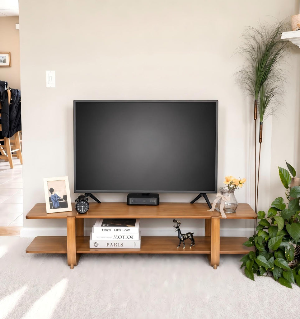 Bamboo TV Stand with Storage for TVs up to 65'', Modern Entertainment Center with 2 Open Shelf, Accent TV Media