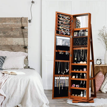 2-in-1 Mirrored Jewelry Cabinet, 360 Rotating Free Standing Jewelry Armoire, Lockable Large Capacity Jewelry
