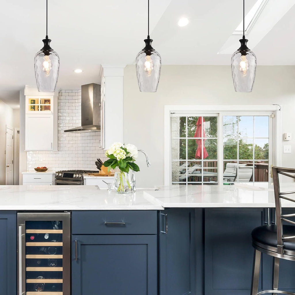 Glass Pendant Lights Kitchen Island, 1-Light Black Pendant Light Fixtures with Hand-Blown Clear Glass, Farmhouse