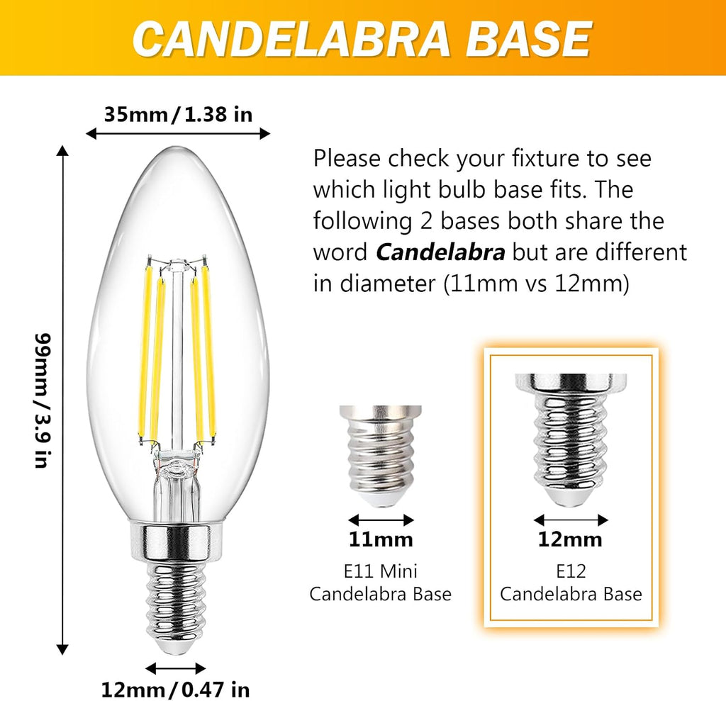 E12 Candelabra LED Light Bulbs 60 Watt Equivalent, Daylight White 5000K, Non-Dimmable, 550 Lumen, Clear LED Filament